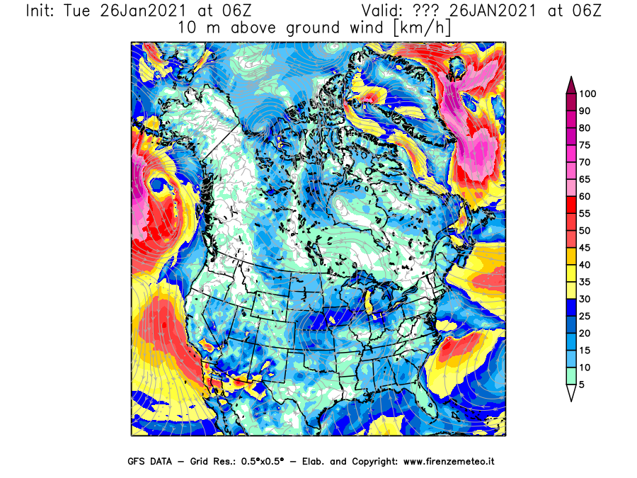 Mappa di analisi GFS - Velocità del vento a 10 metri dal suolo [km/h] in Nord-America
							del 26/01/2021 06 <!--googleoff: index-->UTC<!--googleon: index-->