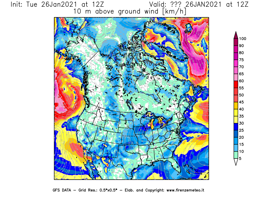 Mappa di analisi GFS - Velocità del vento a 10 metri dal suolo [km/h] in Nord-America
							del 26/01/2021 12 <!--googleoff: index-->UTC<!--googleon: index-->