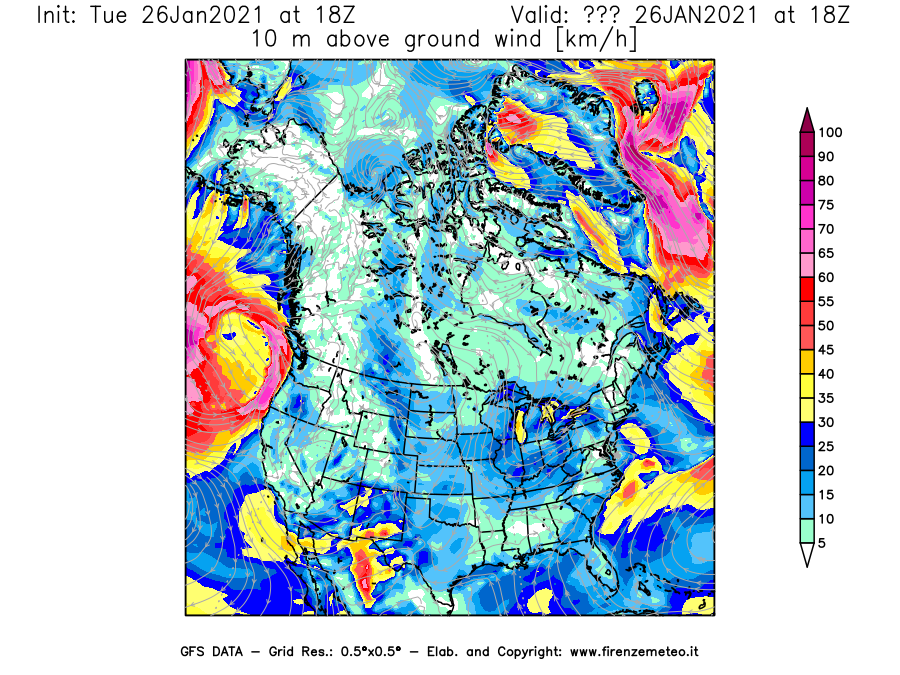 Mappa di analisi GFS - Velocità del vento a 10 metri dal suolo [km/h] in Nord-America
							del 26/01/2021 18 <!--googleoff: index-->UTC<!--googleon: index-->