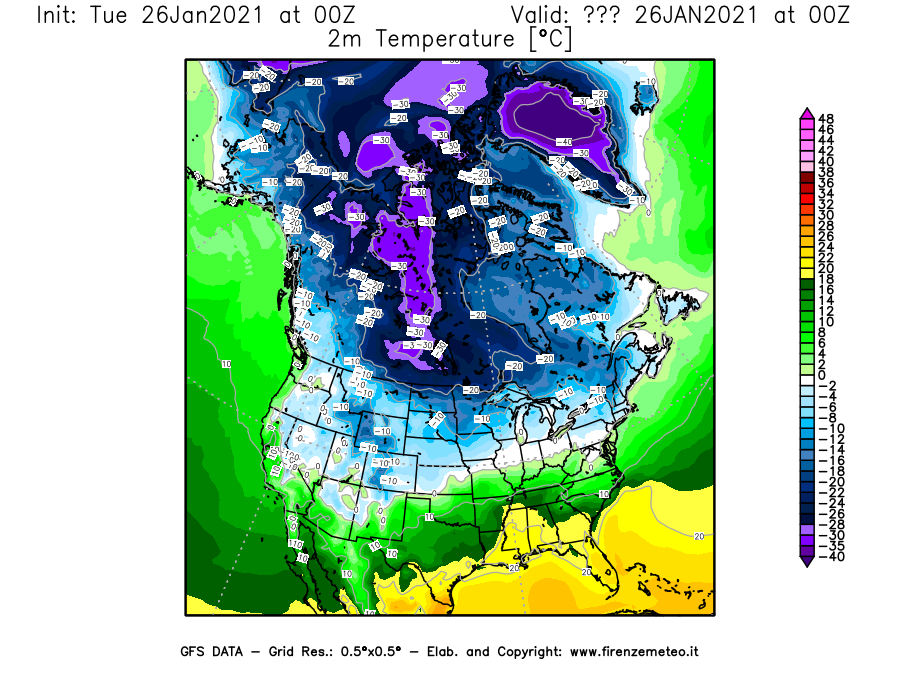 Mappa di analisi GFS - Temperatura a 2 metri dal suolo [°C] in Nord-America
							del 26/01/2021 00 <!--googleoff: index-->UTC<!--googleon: index-->