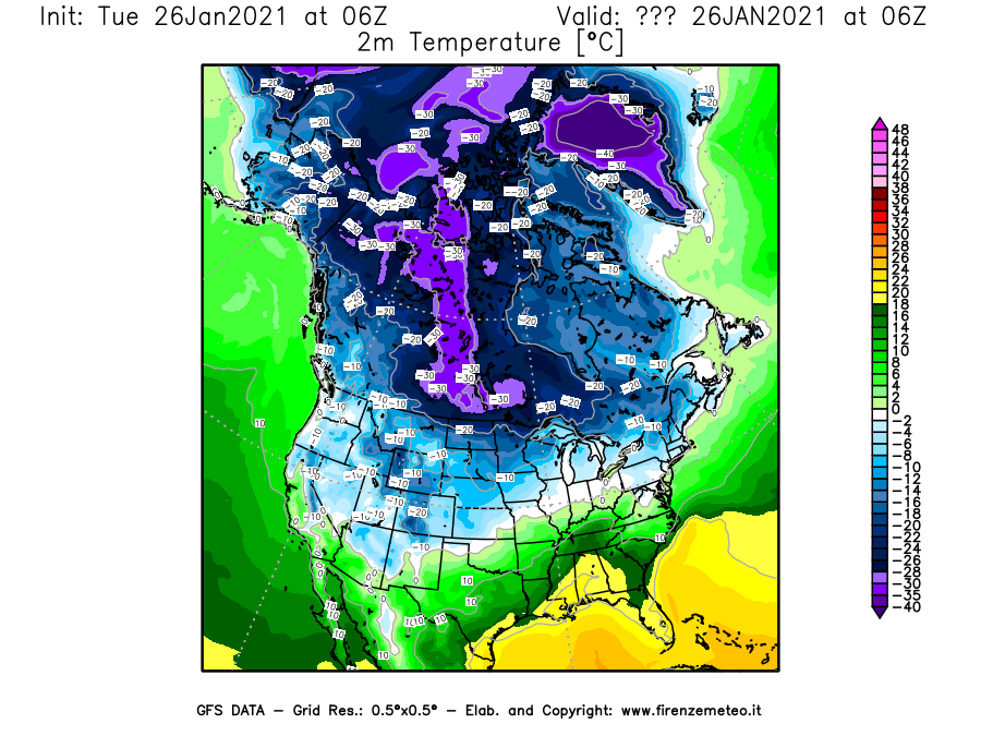 Mappa di analisi GFS - Temperatura a 2 metri dal suolo [°C] in Nord-America
							del 26/01/2021 06 <!--googleoff: index-->UTC<!--googleon: index-->