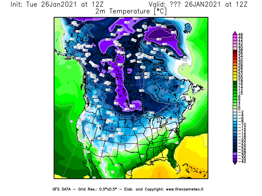 Mappa di analisi GFS - Temperatura a 2 metri dal suolo [°C] in Nord-America
							del 26/01/2021 12 <!--googleoff: index-->UTC<!--googleon: index-->