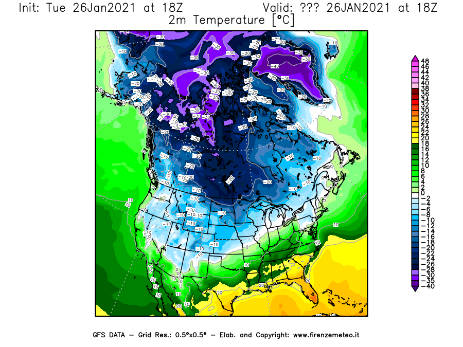 Mappa di analisi GFS - Temperatura a 2 metri dal suolo [°C] in Nord-America
							del 26/01/2021 18 <!--googleoff: index-->UTC<!--googleon: index-->