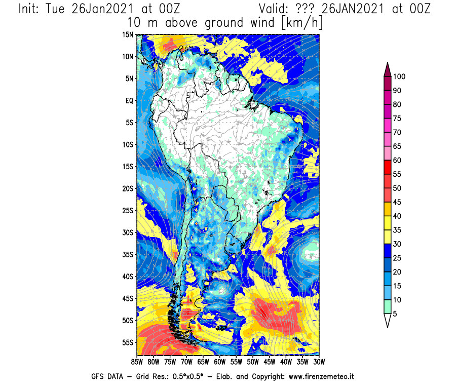 Mappa di analisi GFS - Velocità del vento a 10 metri dal suolo [km/h] in Sud-America
							del 26/01/2021 00 <!--googleoff: index-->UTC<!--googleon: index-->