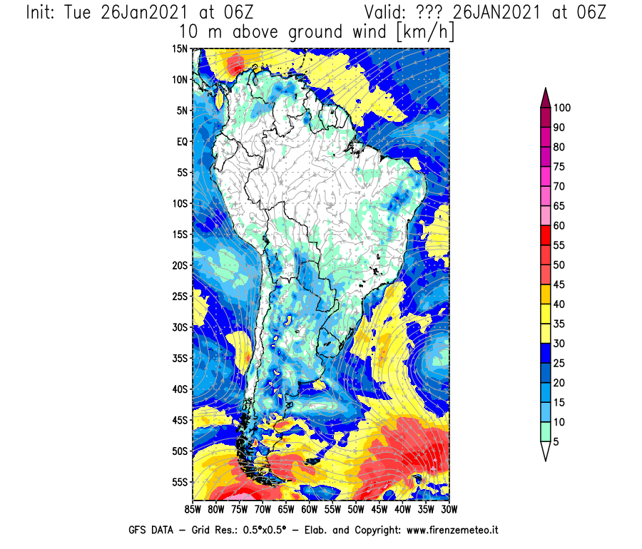 Mappa di analisi GFS - Velocità del vento a 10 metri dal suolo [km/h] in Sud-America
							del 26/01/2021 06 <!--googleoff: index-->UTC<!--googleon: index-->