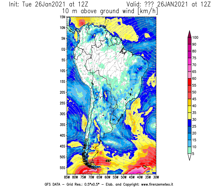 Mappa di analisi GFS - Velocità del vento a 10 metri dal suolo [km/h] in Sud-America
							del 26/01/2021 12 <!--googleoff: index-->UTC<!--googleon: index-->
