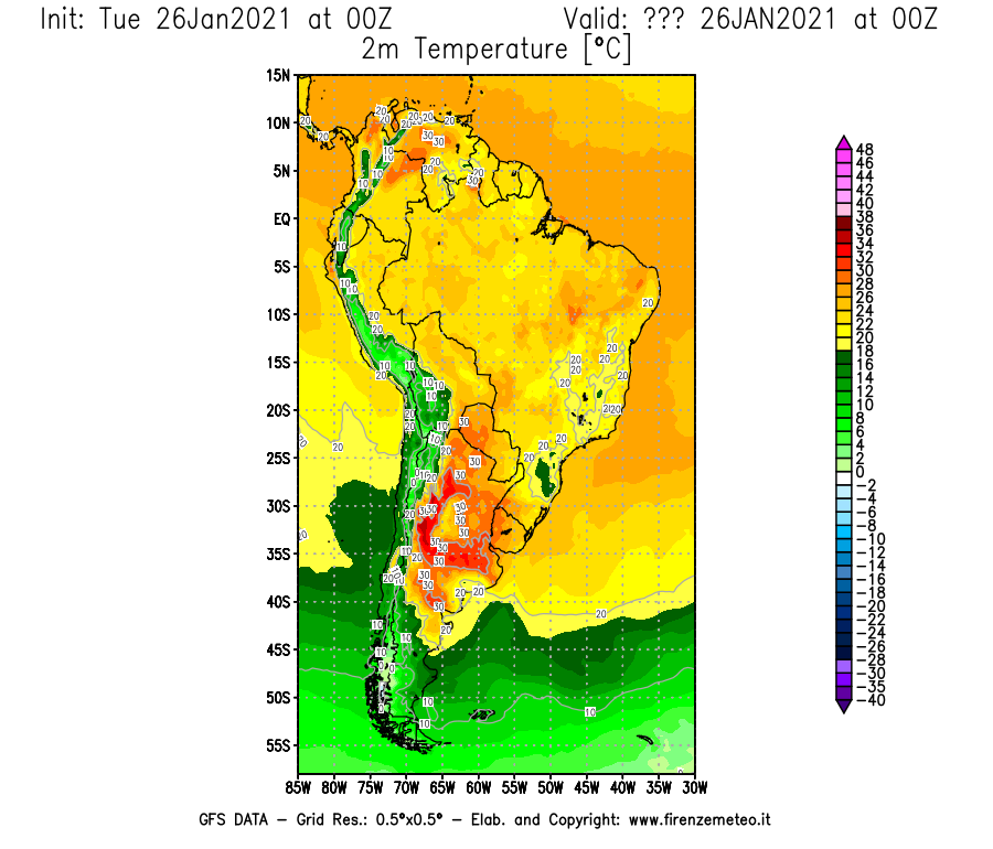 Mappa di analisi GFS - Temperatura a 2 metri dal suolo [°C] in Sud-America
							del 26/01/2021 00 <!--googleoff: index-->UTC<!--googleon: index-->