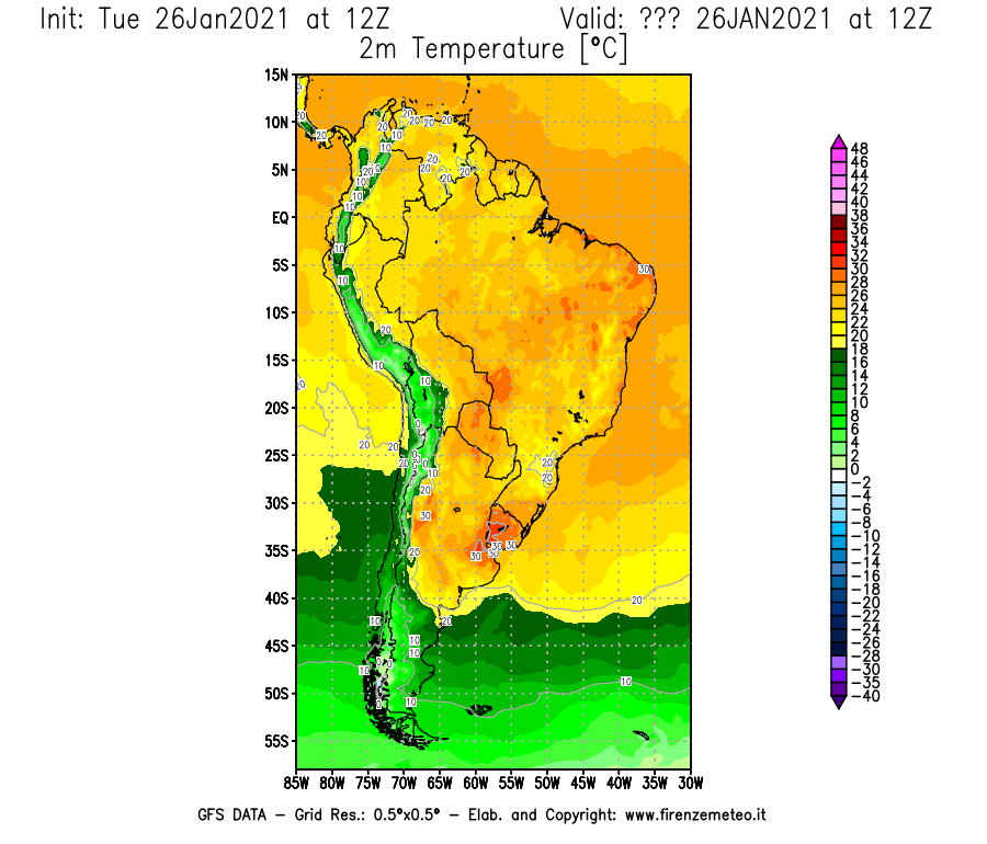 Mappa di analisi GFS - Temperatura a 2 metri dal suolo [°C] in Sud-America
							del 26/01/2021 12 <!--googleoff: index-->UTC<!--googleon: index-->