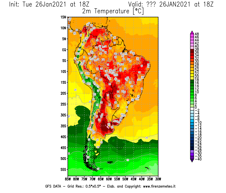 Mappa di analisi GFS - Temperatura a 2 metri dal suolo [°C] in Sud-America
							del 26/01/2021 18 <!--googleoff: index-->UTC<!--googleon: index-->