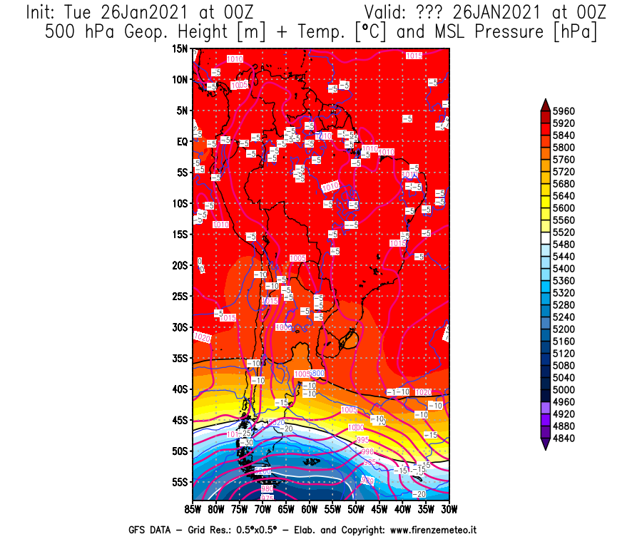 Mappa di analisi GFS - Geopotenziale [m] + Temp. [°C] a 500 hPa + Press. a livello del mare [hPa] in Sud-America
							del 26/01/2021 00 <!--googleoff: index-->UTC<!--googleon: index-->
