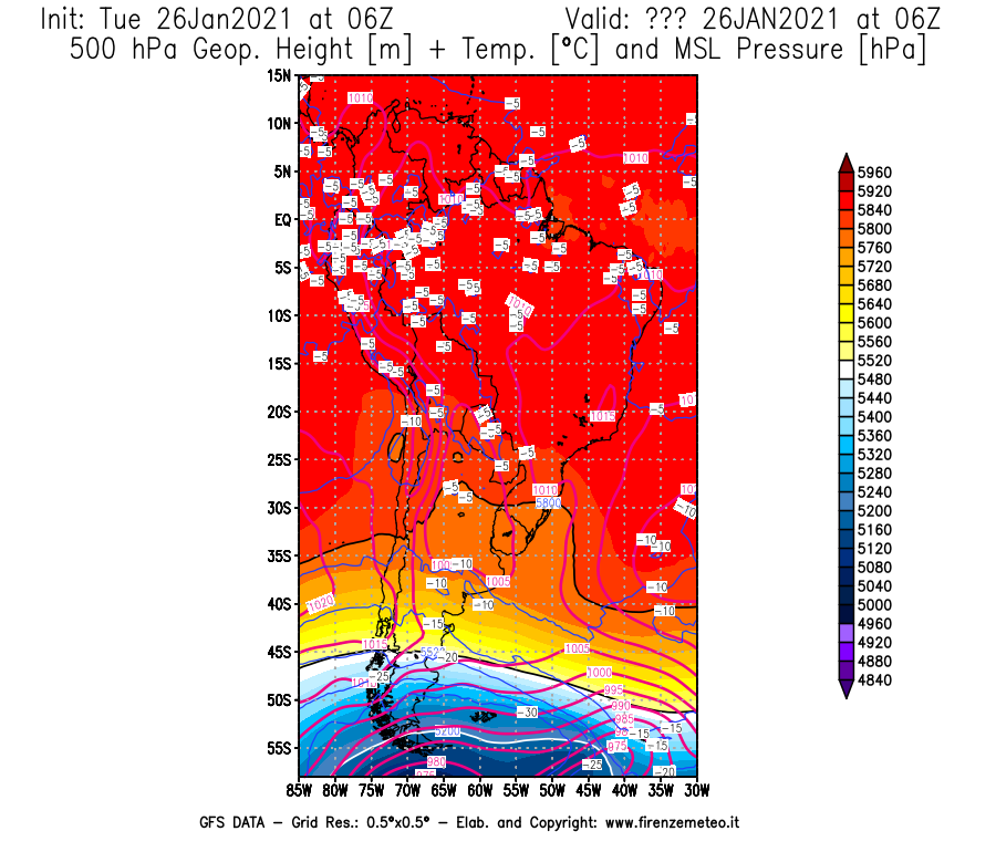 Mappa di analisi GFS - Geopotenziale [m] + Temp. [°C] a 500 hPa + Press. a livello del mare [hPa] in Sud-America
							del 26/01/2021 06 <!--googleoff: index-->UTC<!--googleon: index-->