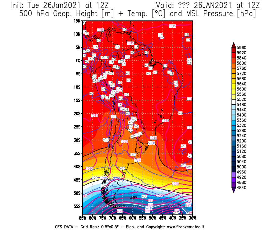 Mappa di analisi GFS - Geopotenziale [m] + Temp. [°C] a 500 hPa + Press. a livello del mare [hPa] in Sud-America
							del 26/01/2021 12 <!--googleoff: index-->UTC<!--googleon: index-->