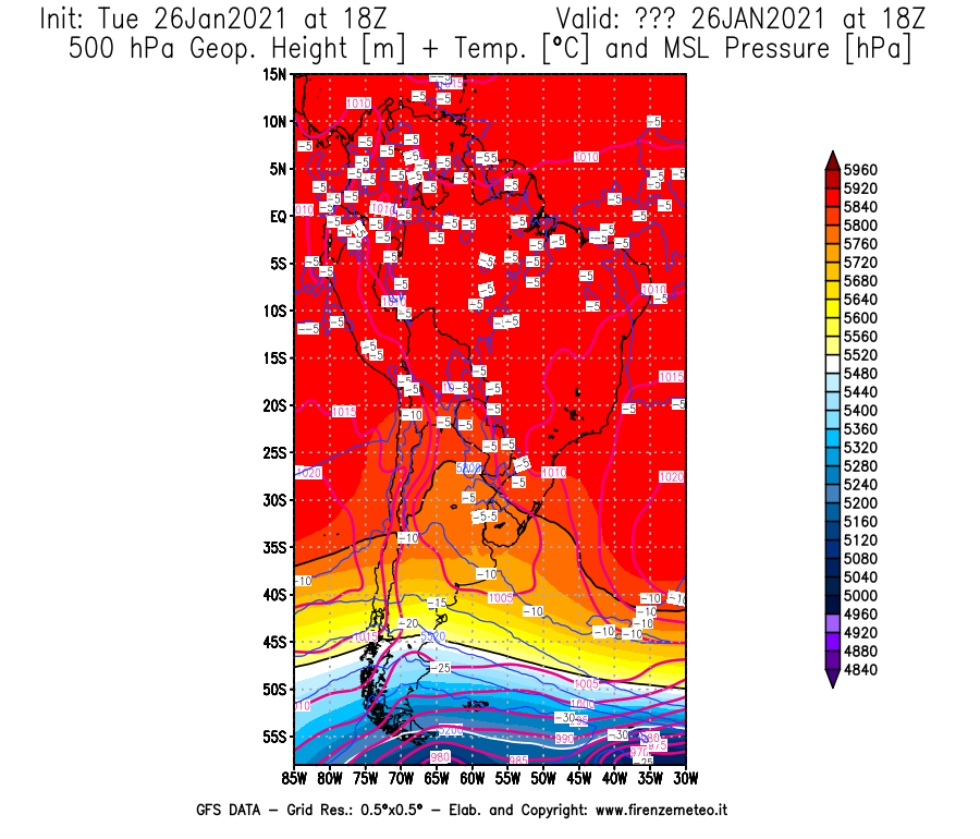 Mappa di analisi GFS - Geopotenziale [m] + Temp. [°C] a 500 hPa + Press. a livello del mare [hPa] in Sud-America
							del 26/01/2021 18 <!--googleoff: index-->UTC<!--googleon: index-->