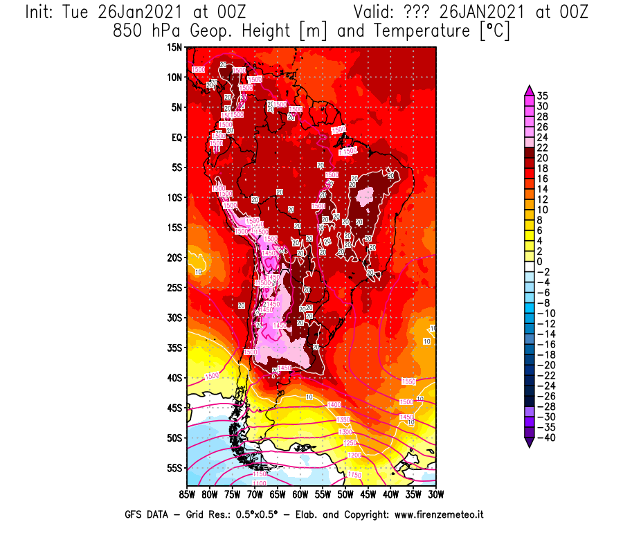 Mappa di analisi GFS - Geopotenziale [m] e Temperatura [°C] a 850 hPa in Sud-America
							del 26/01/2021 00 <!--googleoff: index-->UTC<!--googleon: index-->