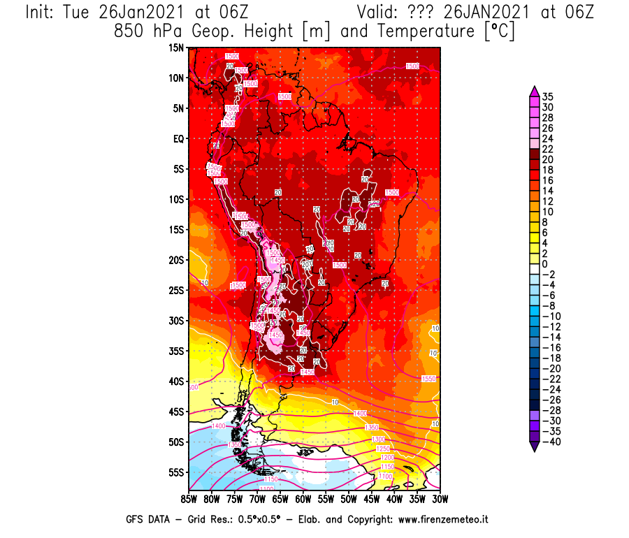 Mappa di analisi GFS - Geopotenziale [m] e Temperatura [°C] a 850 hPa in Sud-America
							del 26/01/2021 06 <!--googleoff: index-->UTC<!--googleon: index-->