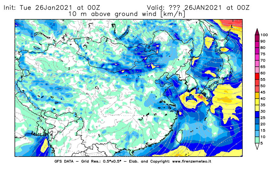 Mappa di analisi GFS - Velocità del vento a 10 metri dal suolo [km/h] in Asia Orientale
							del 26/01/2021 00 <!--googleoff: index-->UTC<!--googleon: index-->