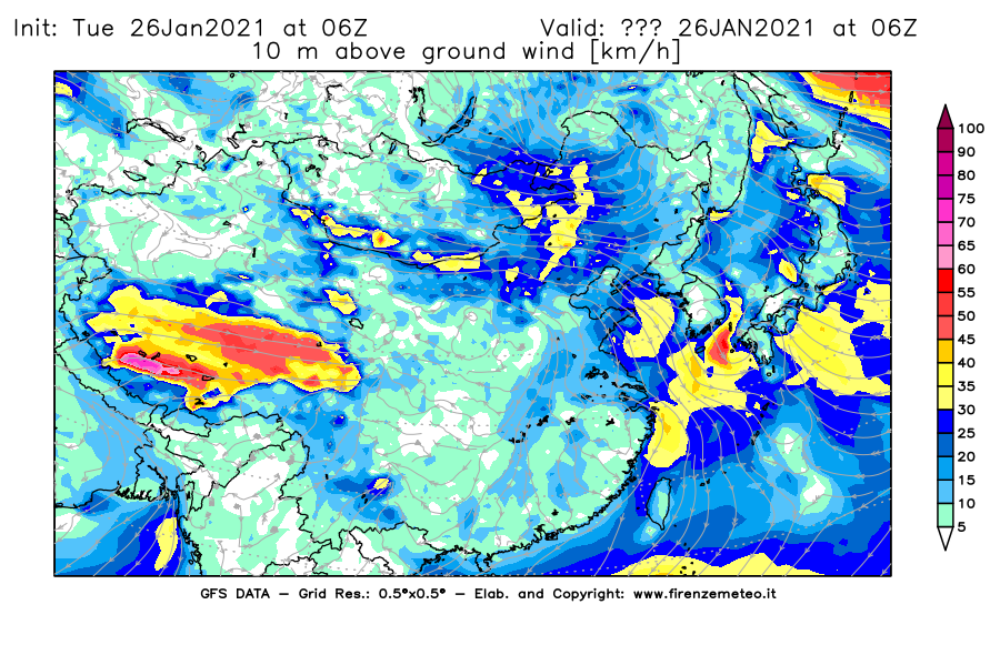 Mappa di analisi GFS - Velocità del vento a 10 metri dal suolo [km/h] in Asia Orientale
							del 26/01/2021 06 <!--googleoff: index-->UTC<!--googleon: index-->