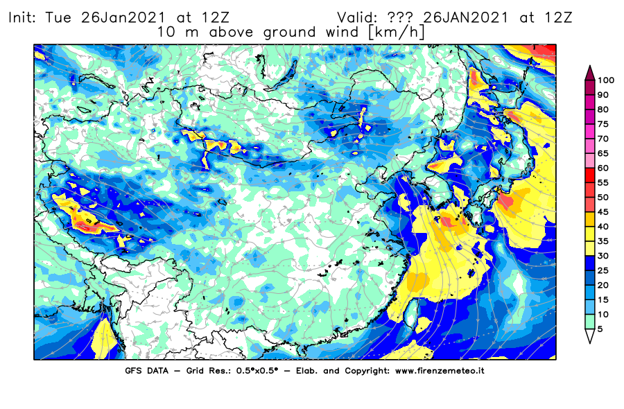 Mappa di analisi GFS - Velocità del vento a 10 metri dal suolo [km/h] in Asia Orientale
							del 26/01/2021 12 <!--googleoff: index-->UTC<!--googleon: index-->