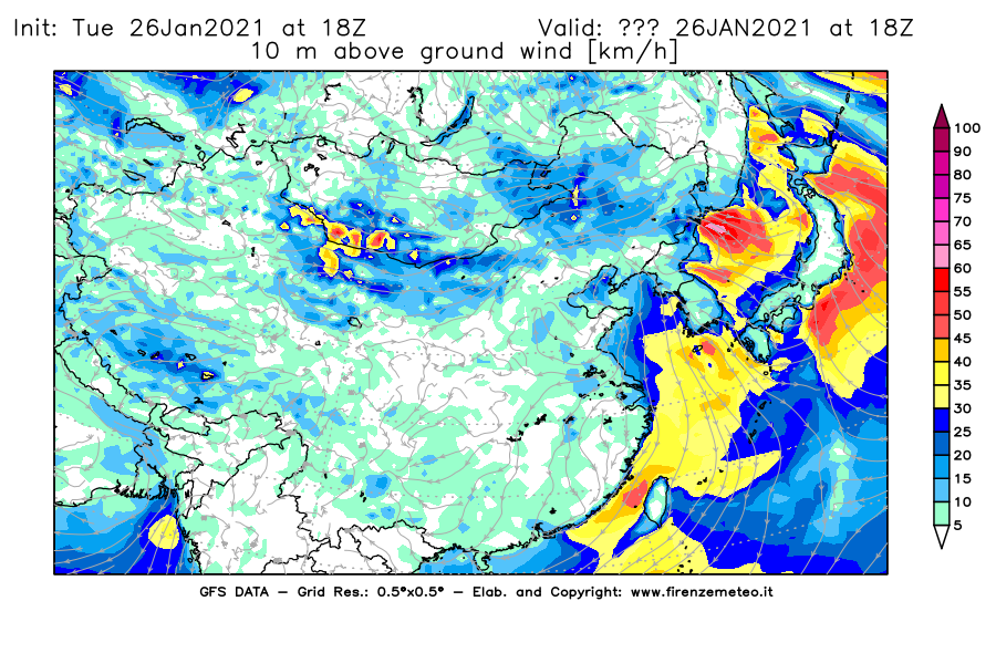 Mappa di analisi GFS - Velocità del vento a 10 metri dal suolo [km/h] in Asia Orientale
							del 26/01/2021 18 <!--googleoff: index-->UTC<!--googleon: index-->
