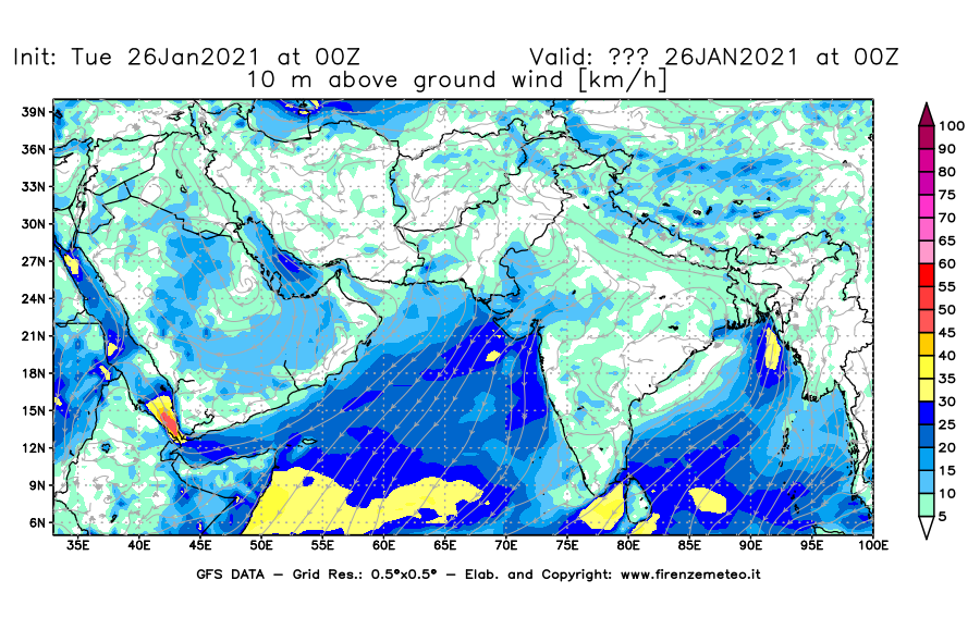 Mappa di analisi GFS - Velocità del vento a 10 metri dal suolo [km/h] in Asia Sud-Occidentale
							del 26/01/2021 00 <!--googleoff: index-->UTC<!--googleon: index-->