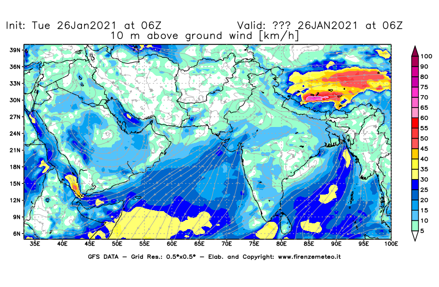 Mappa di analisi GFS - Velocità del vento a 10 metri dal suolo [km/h] in Asia Sud-Occidentale
							del 26/01/2021 06 <!--googleoff: index-->UTC<!--googleon: index-->