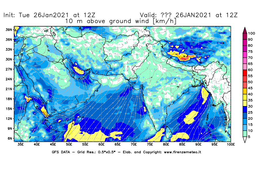 Mappa di analisi GFS - Velocità del vento a 10 metri dal suolo [km/h] in Asia Sud-Occidentale
							del 26/01/2021 12 <!--googleoff: index-->UTC<!--googleon: index-->