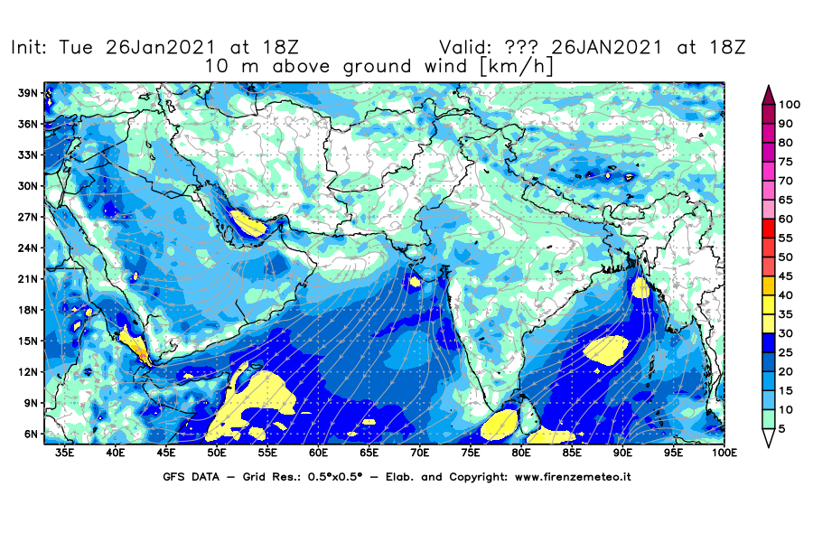 Mappa di analisi GFS - Velocità del vento a 10 metri dal suolo [km/h] in Asia Sud-Occidentale
							del 26/01/2021 18 <!--googleoff: index-->UTC<!--googleon: index-->