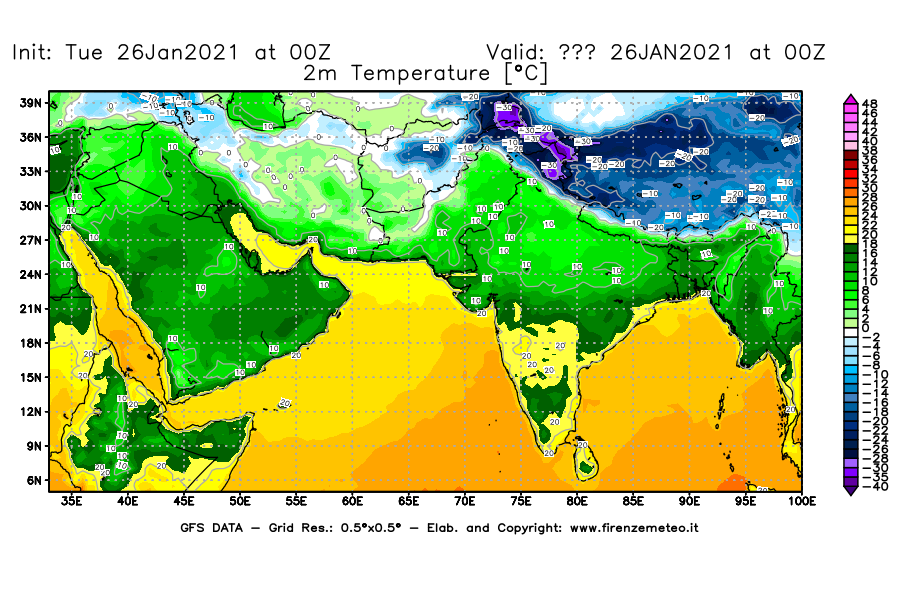 Mappa di analisi GFS - Temperatura a 2 metri dal suolo [°C] in Asia Sud-Occidentale
							del 26/01/2021 00 <!--googleoff: index-->UTC<!--googleon: index-->