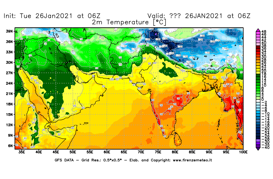 Mappa di analisi GFS - Temperatura a 2 metri dal suolo [°C] in Asia Sud-Occidentale
							del 26/01/2021 06 <!--googleoff: index-->UTC<!--googleon: index-->