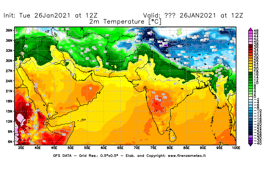 Mappa di analisi GFS - Temperatura a 2 metri dal suolo [°C] in Asia Sud-Occidentale
							del 26/01/2021 12 <!--googleoff: index-->UTC<!--googleon: index-->