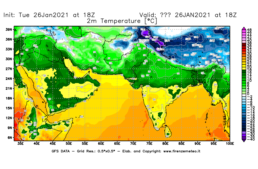 Mappa di analisi GFS - Temperatura a 2 metri dal suolo [°C] in Asia Sud-Occidentale
							del 26/01/2021 18 <!--googleoff: index-->UTC<!--googleon: index-->