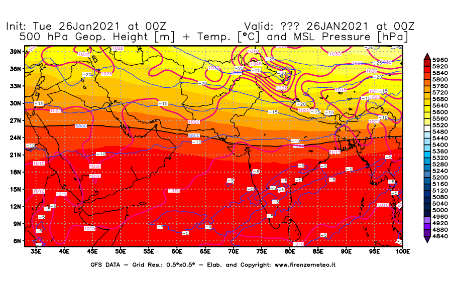 Mappa di analisi GFS - Geopotenziale [m] + Temp. [°C] a 500 hPa + Press. a livello del mare [hPa] in Asia Sud-Occidentale
							del 26/01/2021 00 <!--googleoff: index-->UTC<!--googleon: index-->