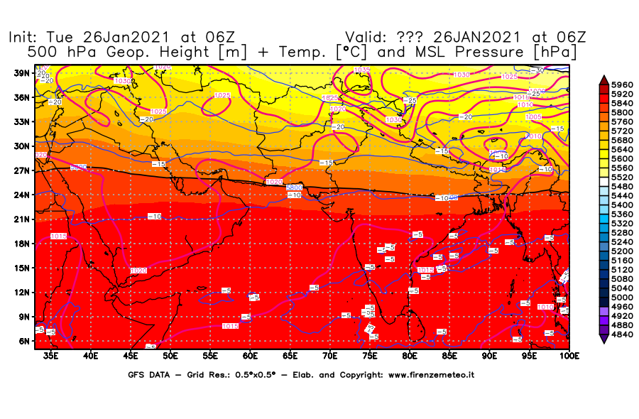 Mappa di analisi GFS - Geopotenziale [m] + Temp. [°C] a 500 hPa + Press. a livello del mare [hPa] in Asia Sud-Occidentale
							del 26/01/2021 06 <!--googleoff: index-->UTC<!--googleon: index-->