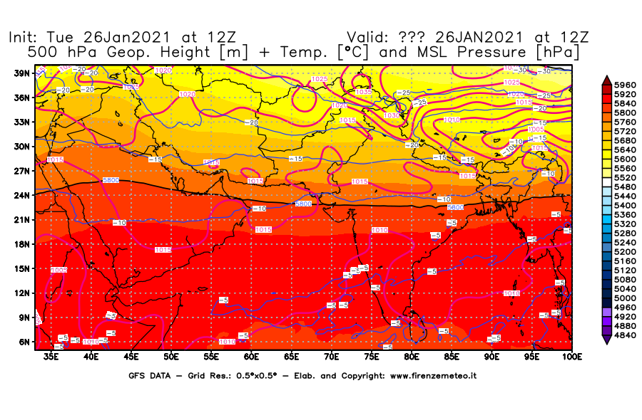 Mappa di analisi GFS - Geopotenziale [m] + Temp. [°C] a 500 hPa + Press. a livello del mare [hPa] in Asia Sud-Occidentale
							del 26/01/2021 12 <!--googleoff: index-->UTC<!--googleon: index-->