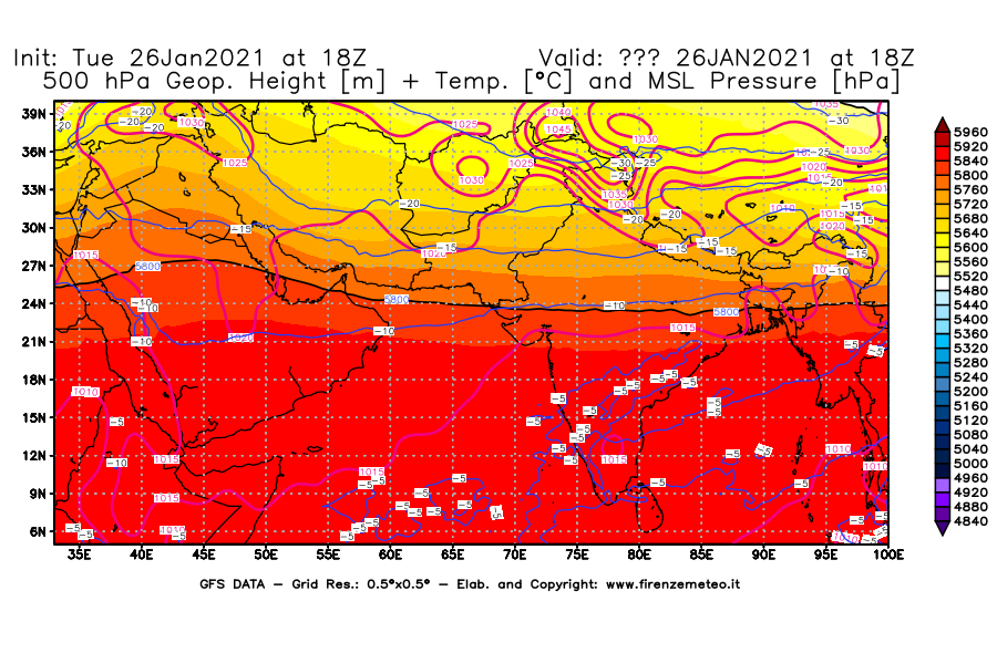 Mappa di analisi GFS - Geopotenziale [m] + Temp. [°C] a 500 hPa + Press. a livello del mare [hPa] in Asia Sud-Occidentale
							del 26/01/2021 18 <!--googleoff: index-->UTC<!--googleon: index-->