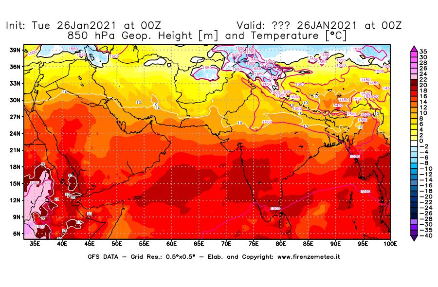 Mappa di analisi GFS - Geopotenziale [m] e Temperatura [°C] a 850 hPa in Asia Sud-Occidentale
							del 26/01/2021 00 <!--googleoff: index-->UTC<!--googleon: index-->