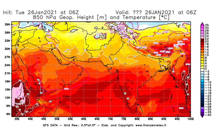 Mappa di analisi GFS - Geopotenziale [m] e Temperatura [°C] a 850 hPa in Asia Sud-Occidentale
							del 26/01/2021 06 <!--googleoff: index-->UTC<!--googleon: index-->