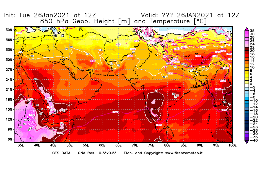 Mappa di analisi GFS - Geopotenziale [m] e Temperatura [°C] a 850 hPa in Asia Sud-Occidentale
							del 26/01/2021 12 <!--googleoff: index-->UTC<!--googleon: index-->