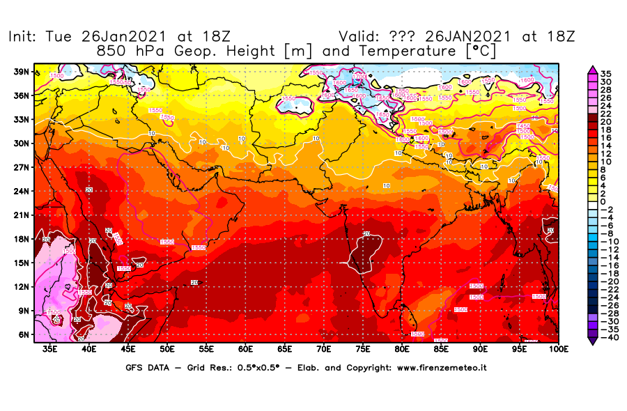 Mappa di analisi GFS - Geopotenziale [m] e Temperatura [°C] a 850 hPa in Asia Sud-Occidentale
							del 26/01/2021 18 <!--googleoff: index-->UTC<!--googleon: index-->