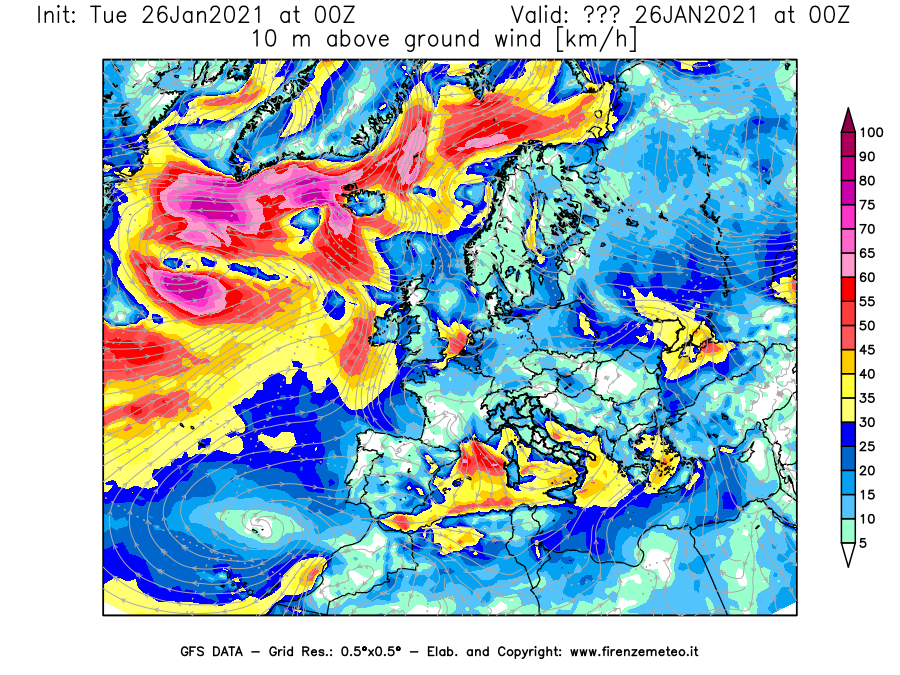 Mappa di analisi GFS - Velocità del vento a 10 metri dal suolo [km/h] in Europa
							del 26/01/2021 00 <!--googleoff: index-->UTC<!--googleon: index-->
