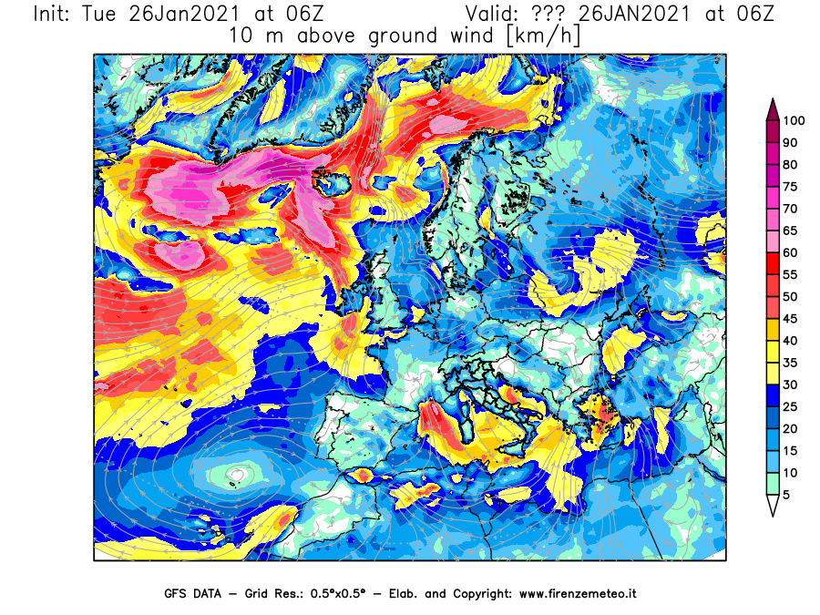 Mappa di analisi GFS - Velocità del vento a 10 metri dal suolo [km/h] in Europa
							del 26/01/2021 06 <!--googleoff: index-->UTC<!--googleon: index-->