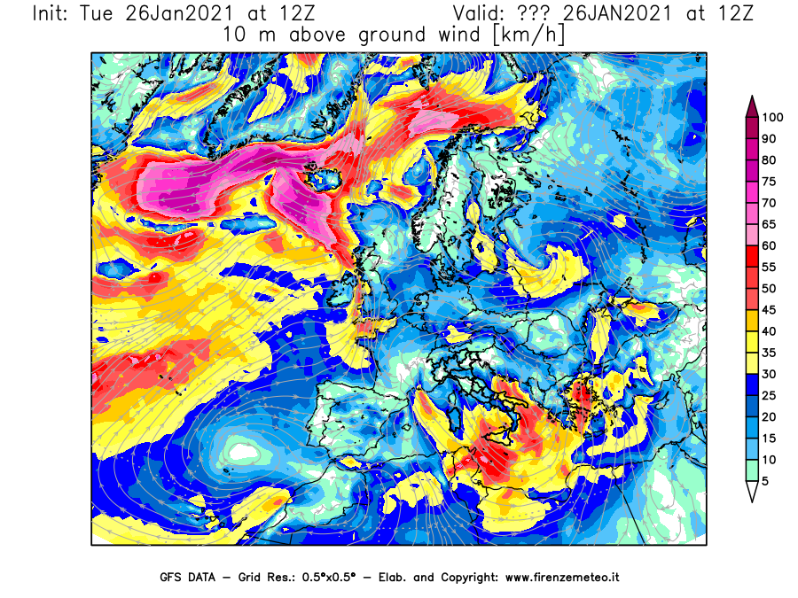 Mappa di analisi GFS - Velocità del vento a 10 metri dal suolo [km/h] in Europa
							del 26/01/2021 12 <!--googleoff: index-->UTC<!--googleon: index-->
