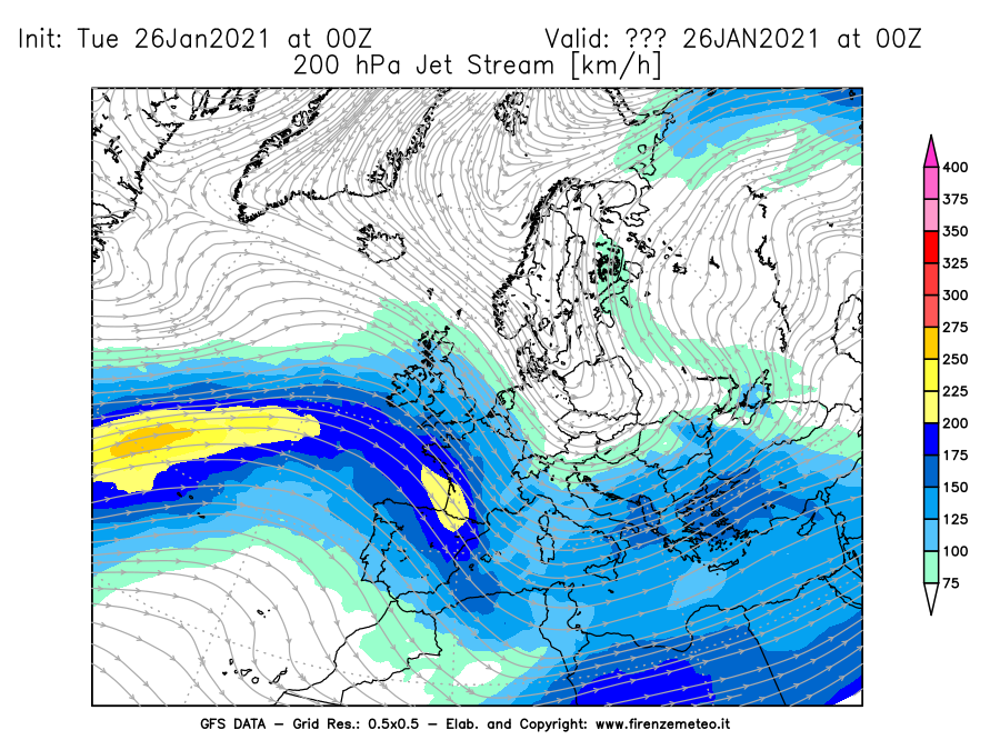 Mappa di analisi GFS - Jet Stream a 200 hPa in Europa
							del 26/01/2021 00 <!--googleoff: index-->UTC<!--googleon: index-->