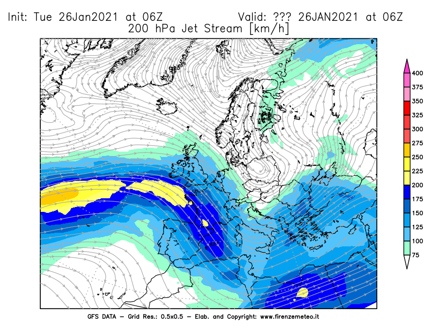 Mappa di analisi GFS - Jet Stream a 200 hPa in Europa
							del 26/01/2021 06 <!--googleoff: index-->UTC<!--googleon: index-->