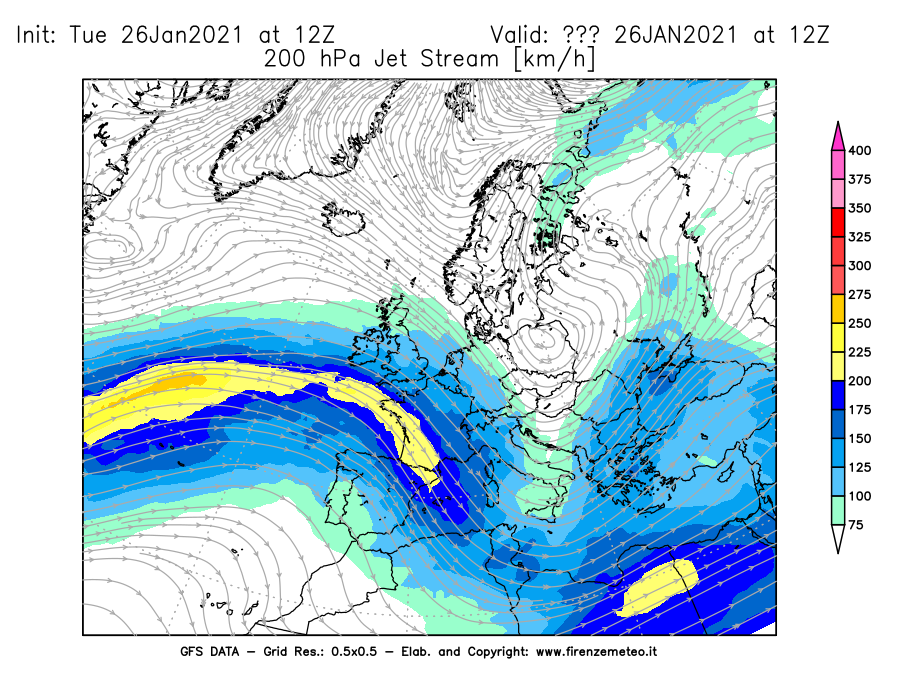 Mappa di analisi GFS - Jet Stream a 200 hPa in Europa
							del 26/01/2021 12 <!--googleoff: index-->UTC<!--googleon: index-->