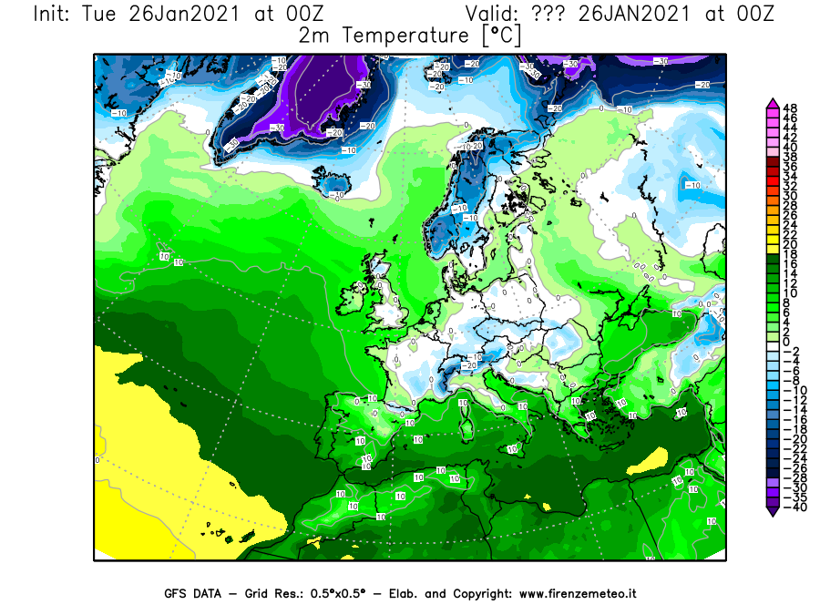 Mappa di analisi GFS - Temperatura a 2 metri dal suolo [°C] in Europa
							del 26/01/2021 00 <!--googleoff: index-->UTC<!--googleon: index-->