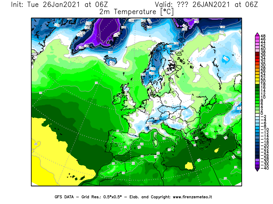 Mappa di analisi GFS - Temperatura a 2 metri dal suolo [°C] in Europa
							del 26/01/2021 06 <!--googleoff: index-->UTC<!--googleon: index-->