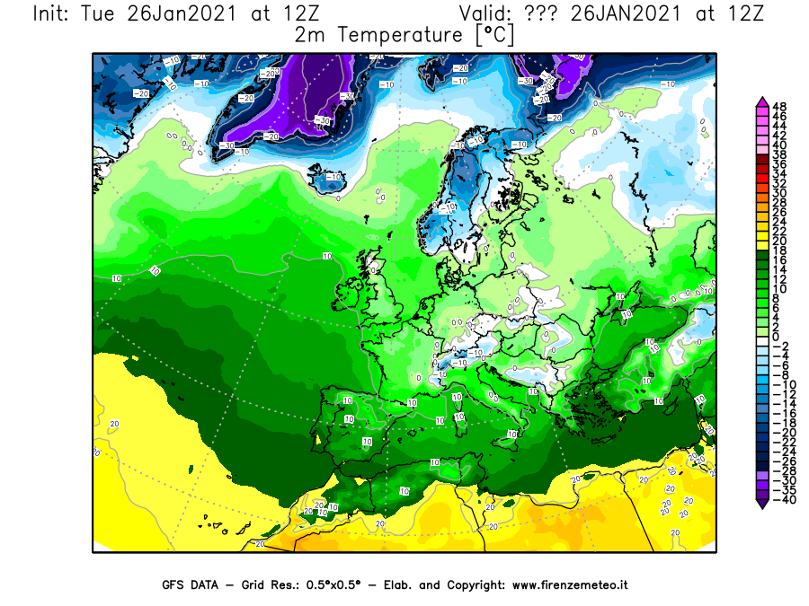 Mappa di analisi GFS - Temperatura a 2 metri dal suolo [°C] in Europa
							del 26/01/2021 12 <!--googleoff: index-->UTC<!--googleon: index-->