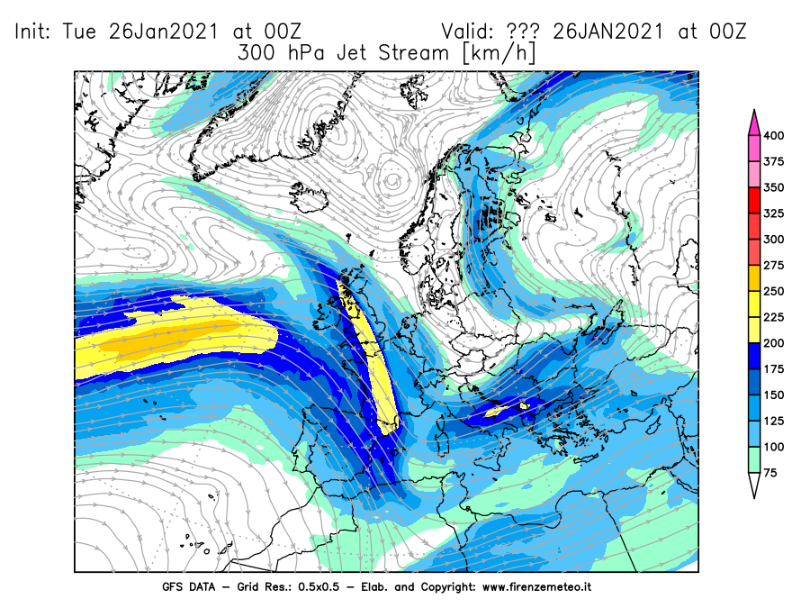 Mappa di analisi GFS - Jet Stream a 300 hPa in Europa
							del 26/01/2021 00 <!--googleoff: index-->UTC<!--googleon: index-->