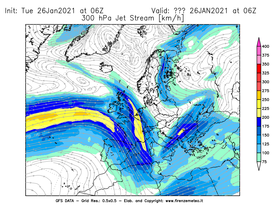 Mappa di analisi GFS - Jet Stream a 300 hPa in Europa
							del 26/01/2021 06 <!--googleoff: index-->UTC<!--googleon: index-->